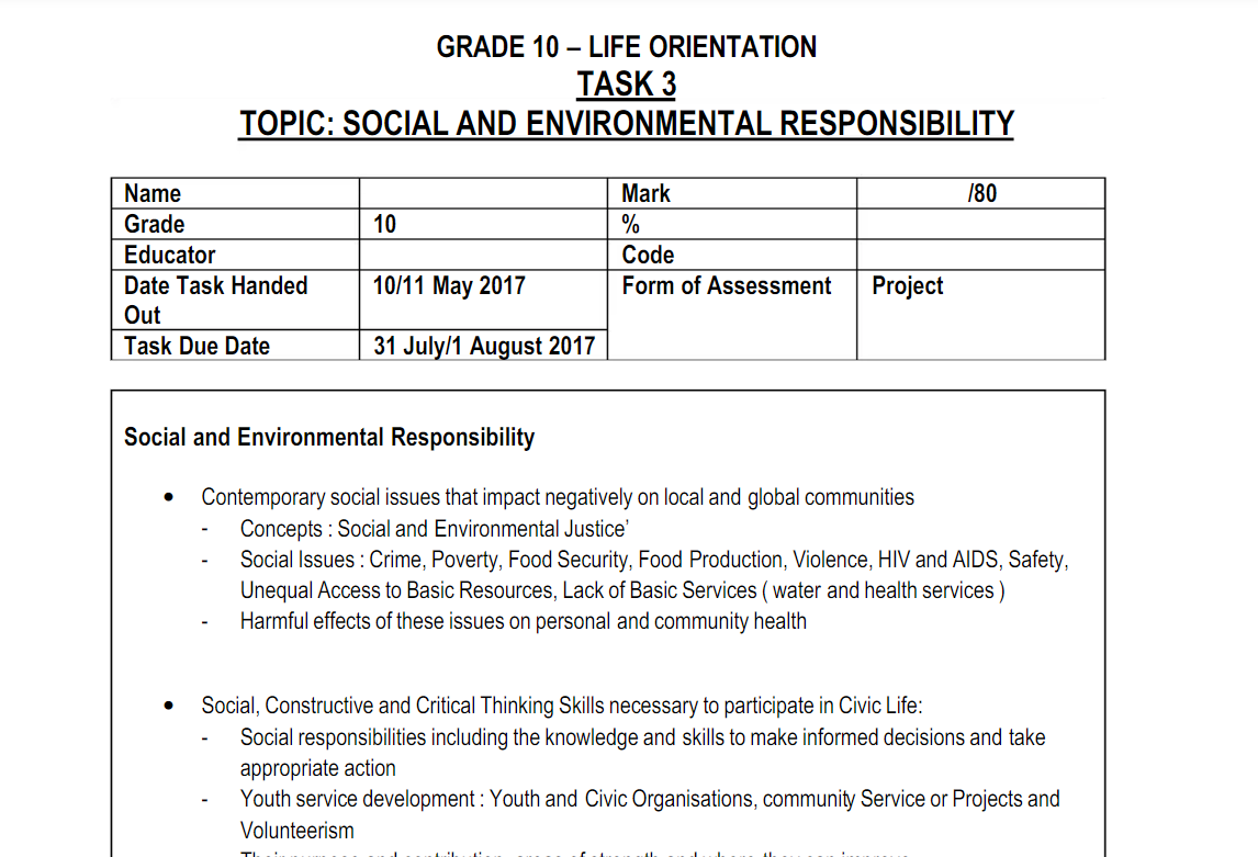 Life orientation grade 10 provincial assessment task 3 term 3 project 2022 memorandum